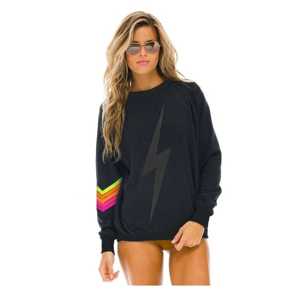 Aviator Nation Bolt Raglan Sweatshirt Black Neon Rainbow Chevron Pullover Size L